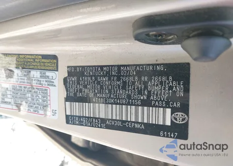 2004 Toyota Camry Le from USA, damaged, VIN 4T1BE30K14U871156